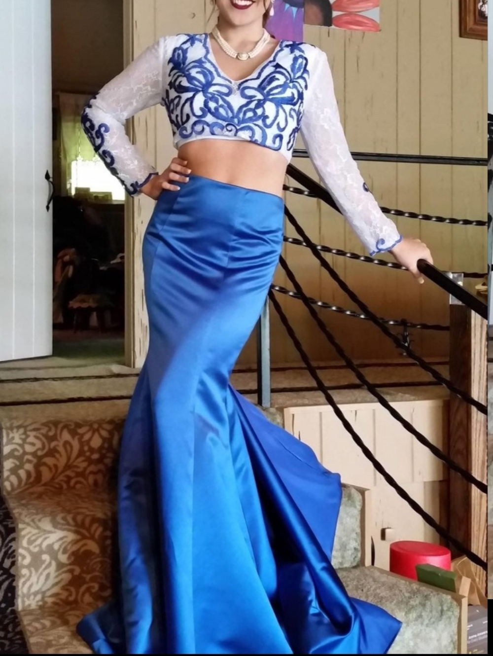 Royal Blue Two-Piece Satin Prom Gown with Embroidered Bodice